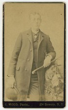 MAN POSED HOLDING BOWLER HAT AND WALKING STICK. CDV.