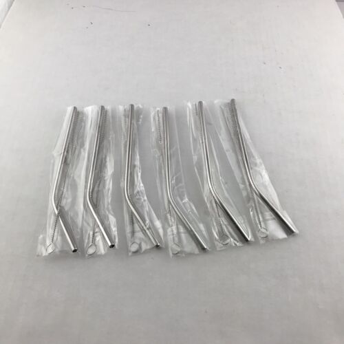 (6) Bent Metal Straws 7" for Stemless Wine Tumbler Sippy Cup w Cleaning Brush