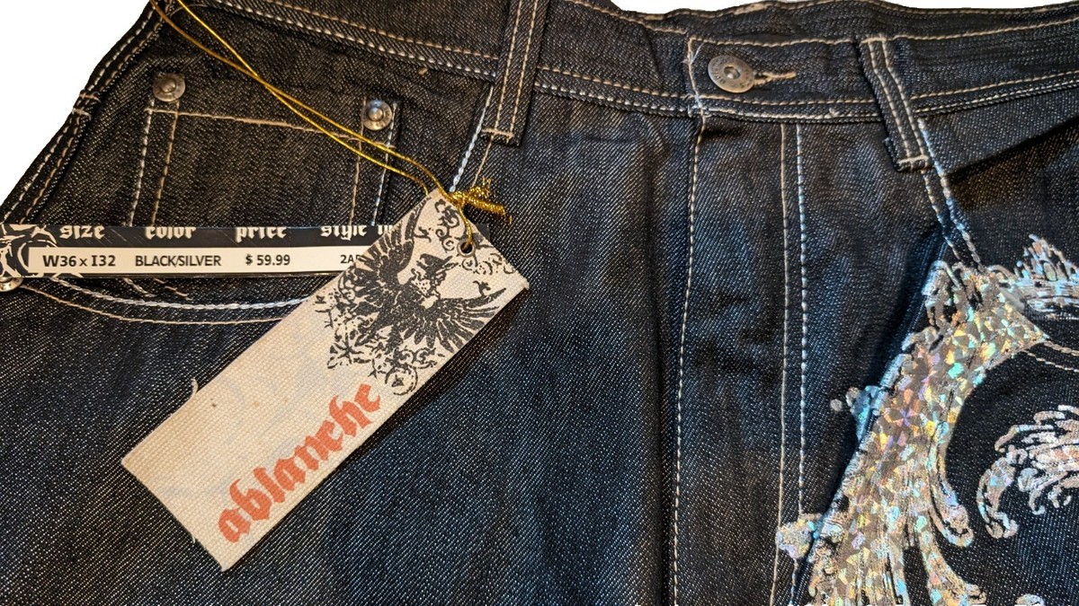 【2plan】Qoo Back Painting Denim Pants Upcycled Patchwork Tiger Print Straight Leg High Rise Jeans