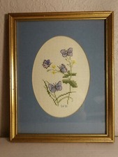 Vintage Needlepoint Blue Butterflies In Gold Frame Matted W/ Glass - 1981
