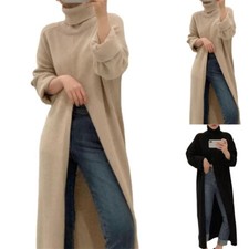 Women Turtle Neck Front Slit Knitwear Sweater Midi Dress Tunic Tops Outwear