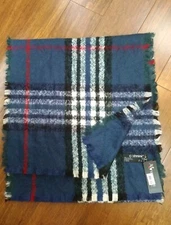 Cashmink Scarf Wrap Oversize V Fraas Blue And Green Plaid Fringe MSRP $58.5 NWT 