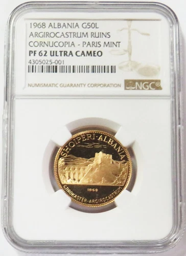 1968 GOLD ALBANIA PARIS MINT 24 MINTED 50 LEKE NGC PF 62 UC ARGIROCASTRUM RUINS 