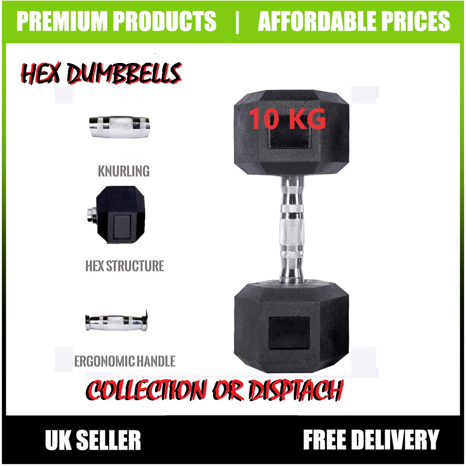 Hex Dumbbells Set 10kg Pair Ergo Hand Weights Rubber Encased Hexagonal Gym B58