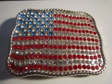 VINTAGE U.S.A. FLAG BELT BUCKLE COVERED IN CRYSTALS - GW-22