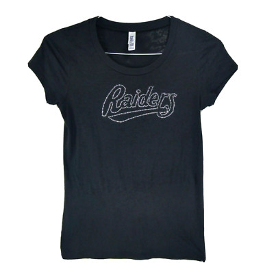 LAS Vegas Raiders Script Rhinestone Women's Black Medium Jersey Cotton T-Shirt 