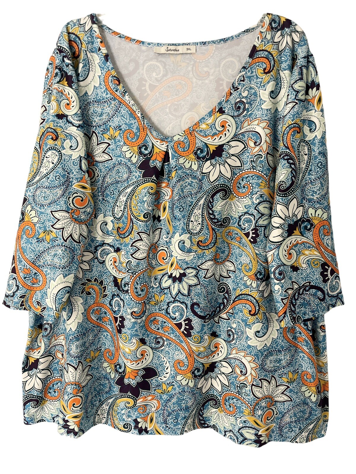 Sakurafina Top Womens 3XL Colorful Paisley Soft Stretch Knit V-Neck 3/4 Sleeves