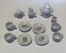 Vintage Pink Flower Ceramic Tea Set Cup Saucer Sugar Creamer Pitcher 14 Pieces