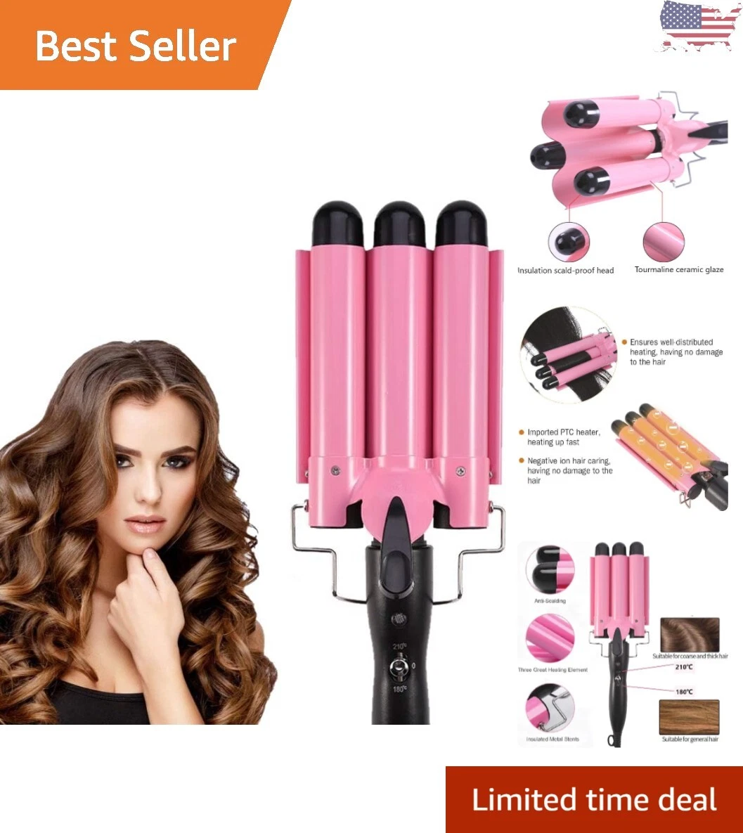 Professional 3 Barrel Ceramic Curling Iron Adjustable Temperature Pink