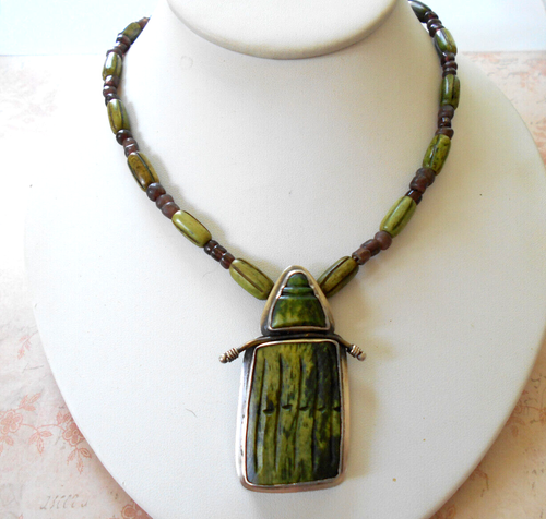 Sterling Handcrafted Janice Lee Ripley JLR Green Yak Bone Necklace 49N39 - Picture 5 of 14