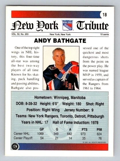 1991-92 Ultimate Original Six Andy Bathgate #18 HOF New York Rangers - Image 2 of 2