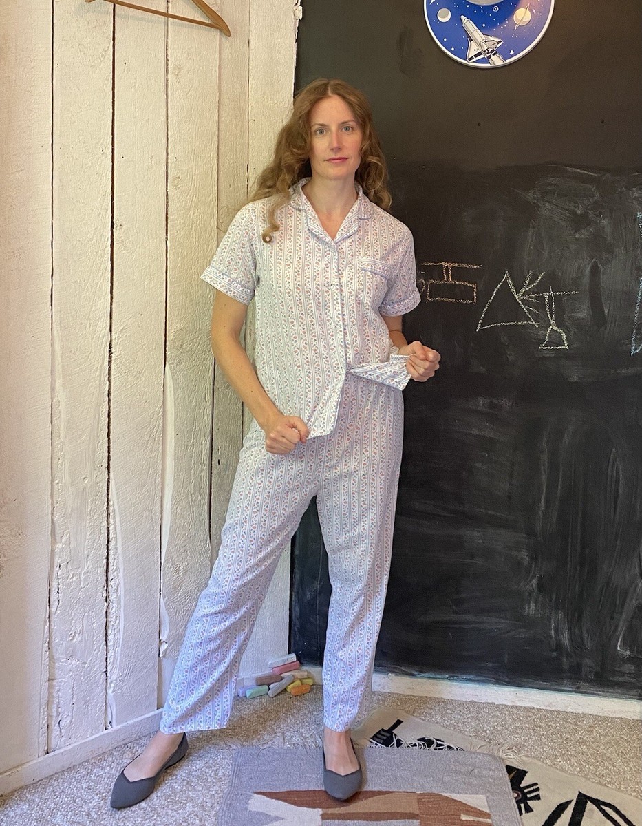 Vintage 70s Blue Floral Stripe Short Sleeve Pants Pajama Set Lanz