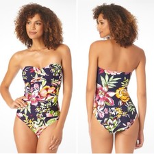 Anne Cole Twist Front Bandeau Swimsuit Size 12 Navy Tropical Floral One Piece