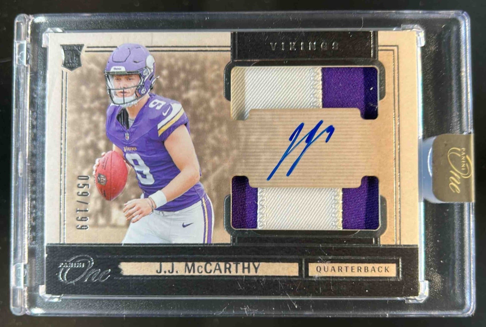 2024 Panini One JJ McCarthy Rookie Dual Patch Auto Rookie RC #59/199 Vikings