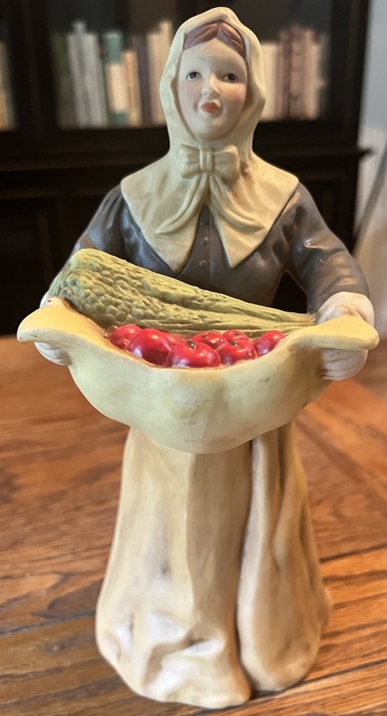 Vintage Statue Pilgrim Woman Holding Basket Of Vegetables Wearing Pilgrim Attire