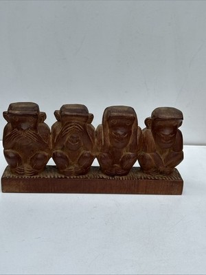 Vintage seltene Mid Century handgeschnitzte Holzskulpturen - 4 weise Affen   Ständer