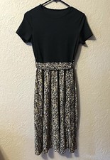 Womens SHEIN M Black Beige Floral Knit Fit & Flare Dress Round Neck Short Sleeve