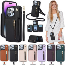 For iPhone 17 Pro Max 16 15 14 13 12 7 Leather Flip Card Wallet Case W/ Lanyard