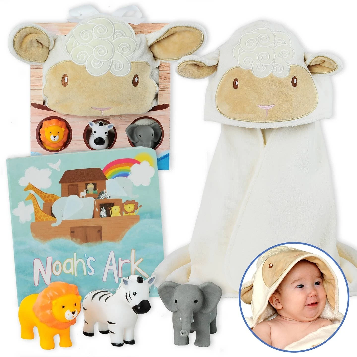 Noah's Ark Baby Gift Set w/Board Book, 30" X 30" Towel and Animal Squirt Toys