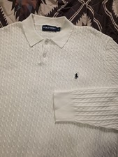 Vtg Polo Golf Ralph Lauren Cable Knit Cotton Polo Collar Sweater White Men Large