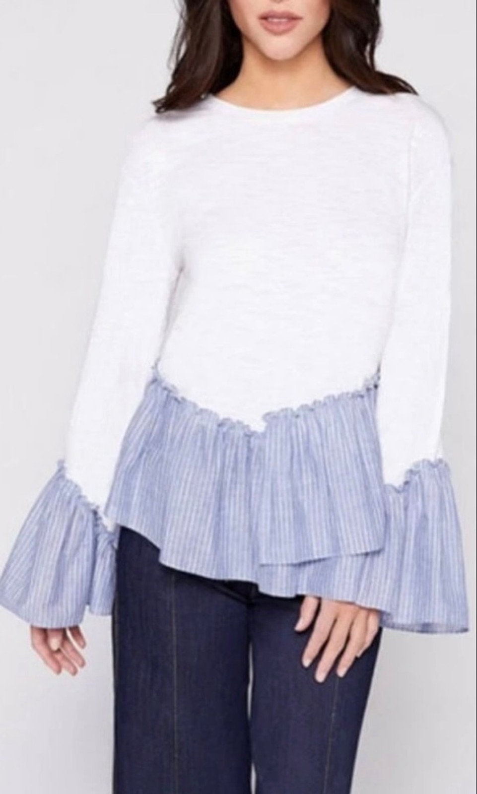 Cinq a Sept Anthropologie Top in Blue Chambray White Ruffle Hem XS Cottagecore