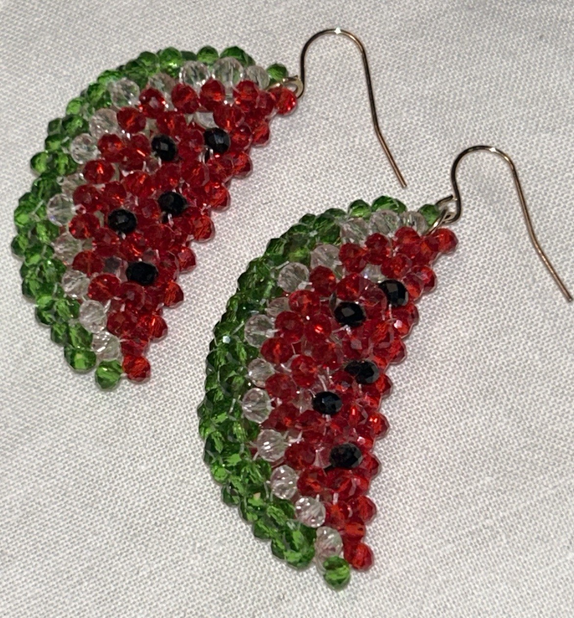 Handmade Crystal Watermelon Slice Dangle Earrings… - image 1