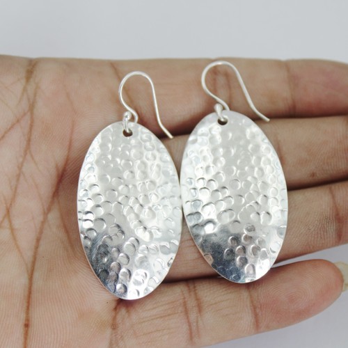Handmade 925 Silver Hammered Oval Drop Earrings Dangle Jewelry for Women Z91 - Picture 3 of 7