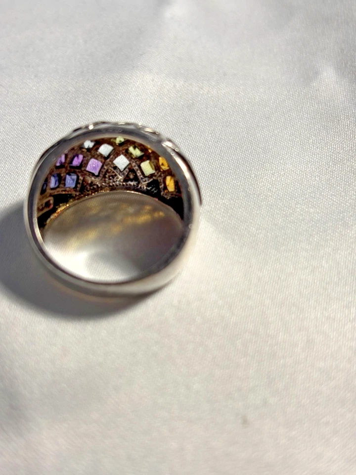 ANEL PRATA ESTERLINA 925 MULTICOLORIDO PEDRA PRECIOSA TECIDO TRELIÇA DESIGN TAMANHO 8 - Imagem 4 de 4