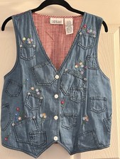 Vintage Casey And Max Denim Vest Embroidered Floral Patch Pocket Button Front S