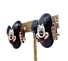 Vintage 1980s Disney Mickey Mouse clip-on earrings rhinestone black 1.5"