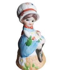 Jasco Adorabelles Vintage Porcelain Little Girl Bonnet Flowers Kitten Bell 4"