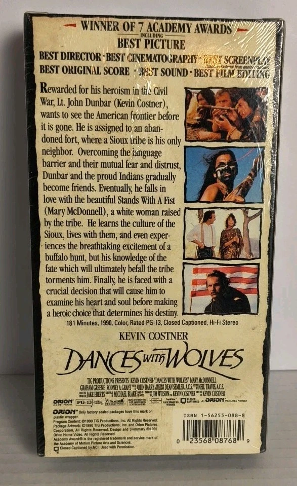 Dances with Wolves (VHS, 1990) 1st Release Orion Watermark Sealed Kevin Costner. - Image 3 of 4