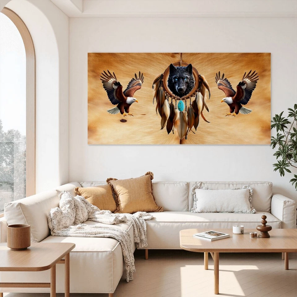 Dreamcatcher/Eagle/Wolf/Canvas Fabric Wall Art - 60"X40", No Frame (Made in USA) - Image 3 of 4