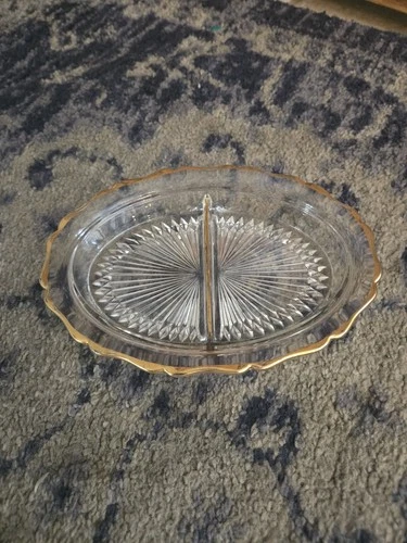 Vintage Jeanette Starburst Divided Relish Pickle Glass Gold Trimmed Dish EUC