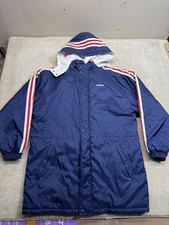 Vintage Adidas USA Trefoil Strip Puffer Jacket Mens XL Blue Big Logo Hooded