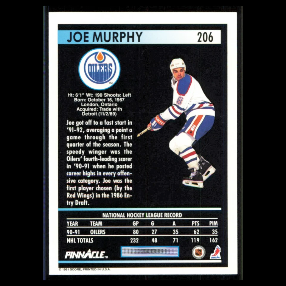 Joe Murphy #206 1991 Pinnacle Edmonton Oilers Hockey Card NHL NM - Image 2 of 3