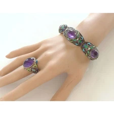 Vintage Chinese Silver Filigree Enamel Amethyst Bracelet Ring Set Jewelry
