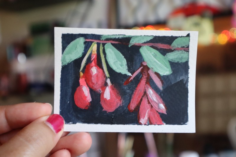 ACEO original art botanical pink red green nature flowers  "Buds"