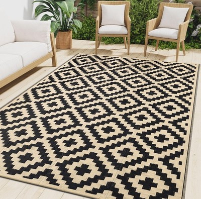 Smiry Waterproof Outdoor Rug 5x8 ft, 5' x 8' (Rectangular), Black and Beige 