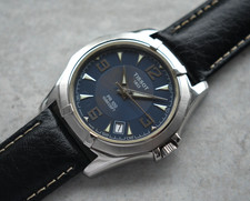 Vintage Tissot PR 100 Men's Watch Blue Dial Date Quartz Steel Leather 38mm