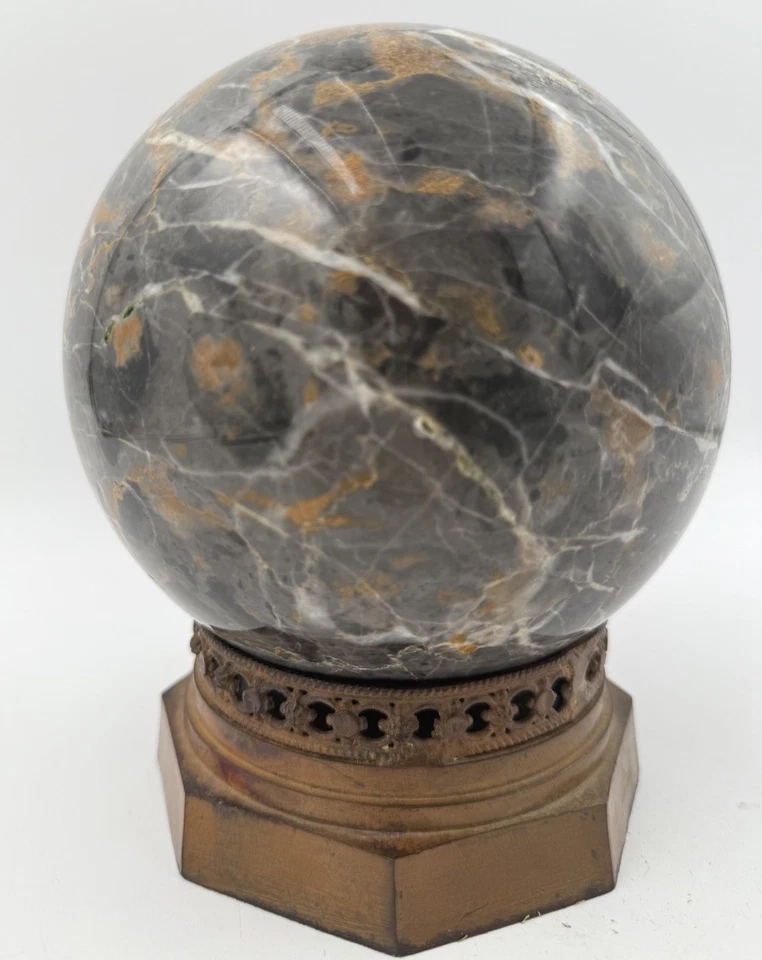 Escultura de esfera de mármol de colección sobre base de madera piedra pesada decoración minimalista Foto 3 de 4