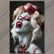 Art Print Bloody Flower Crown Zombie Woman Glamorous Undead Makeup Vampire Teeth