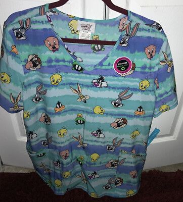 Looney Tunes Bugs Bunny & Friends XL V Neck Medical Scrub Top Women's NEW! 