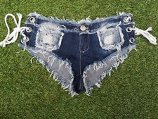 BNWOT ~ BLUE DENIM MICRO CHEEKY BOOTY DISTRESSED JEANS SEXY HOT PANTS ~ SMALL
