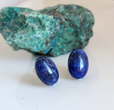 Oval 10X14mm Energy Natural Dark Blue Lapis Stud Earrings Solid 925 Sliver