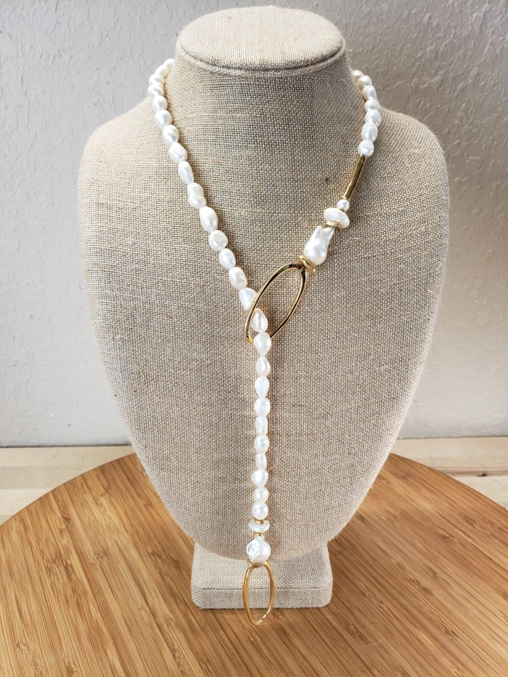 Colar Lariat folheado a ouro pérola barroca Valetti Espanha - Imagem 2 de 4