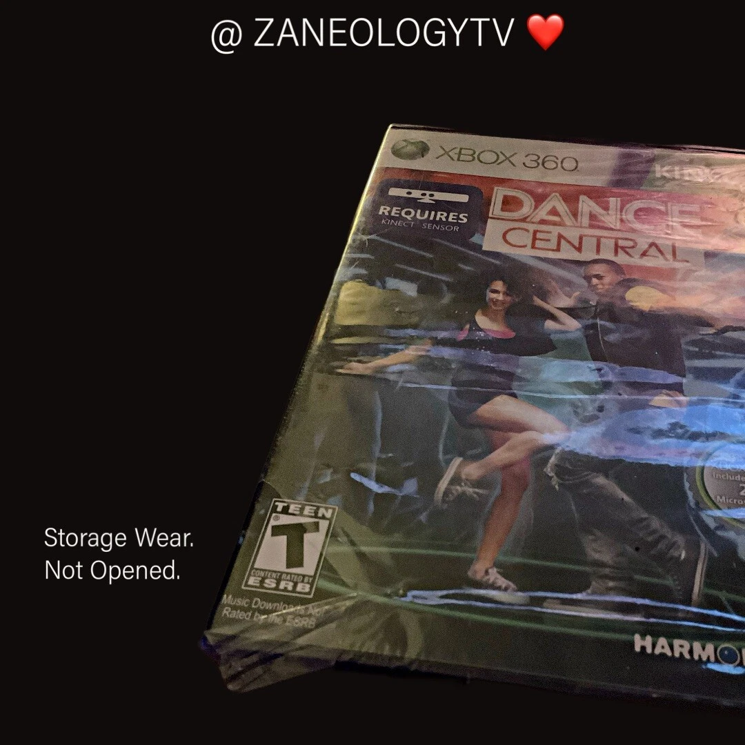 Xbox 360 Dance Central cover with dancers, blue background, red “DANCE CENTRAL” title, and Harmonix logo.