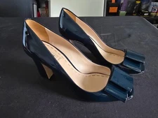 Miu Miu Peep Toe Pumps Bow Detail Block Heel Patent Leather Navy Blue 38 1/2