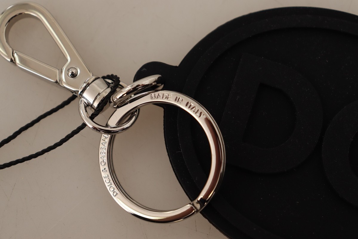 DOLCE & GABBANA Keychain Black Rubber DG Logo Silver Brass