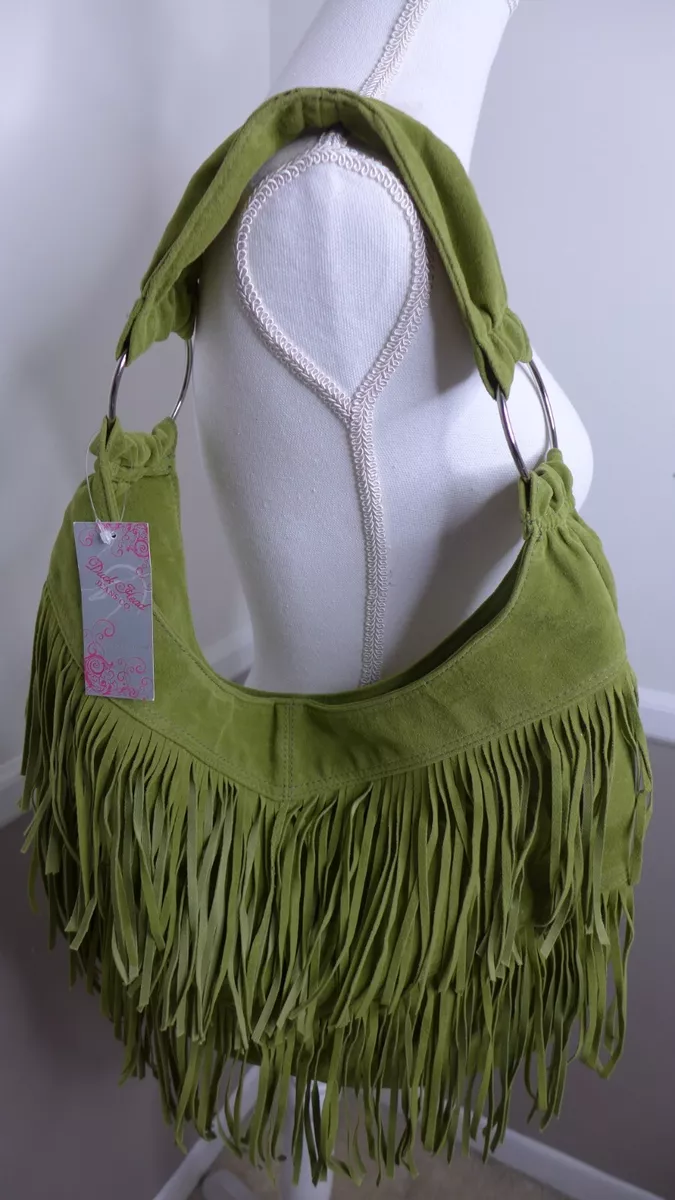 Winter Handbag Purse Shoulder Suede Solid Green Fringe Pockets 17
